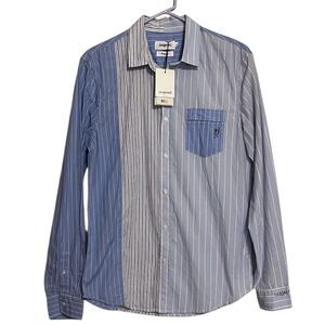 Desigual Men's Blue Striped Patchwork Long Sleeve Button Down Shirt S NEW